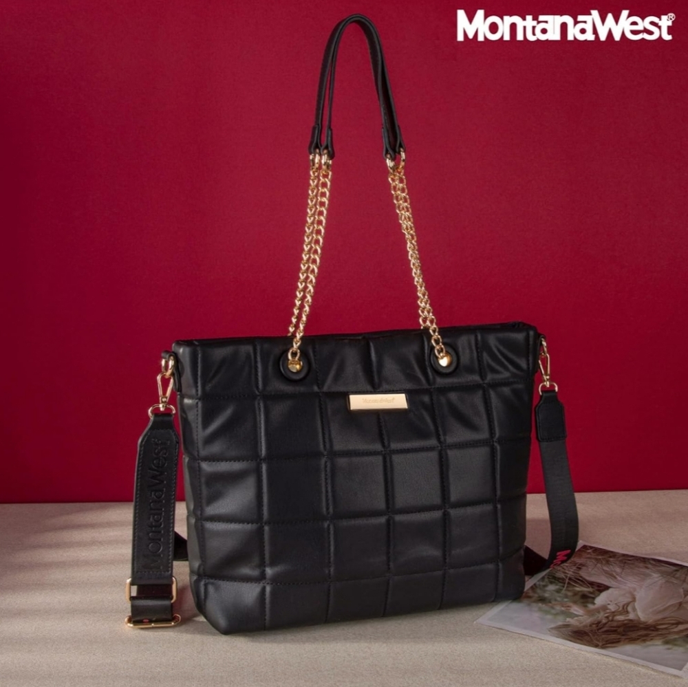 Black Quilted Square Montana West Chain Crossbody Tote Bag with Guitar Strap